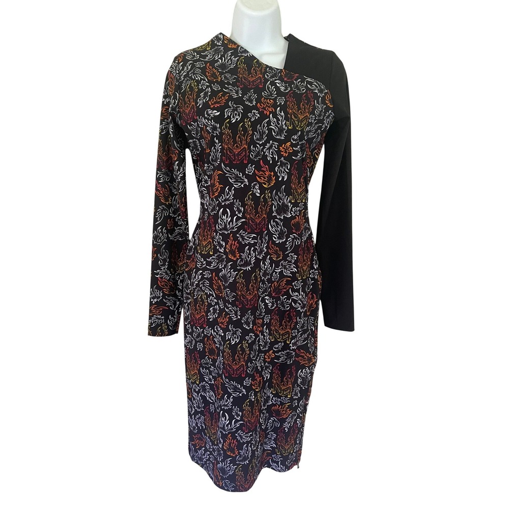Marcell Von Berlin Flame Logo Asymmetric Long Sleeve Midi Dress US XS Black